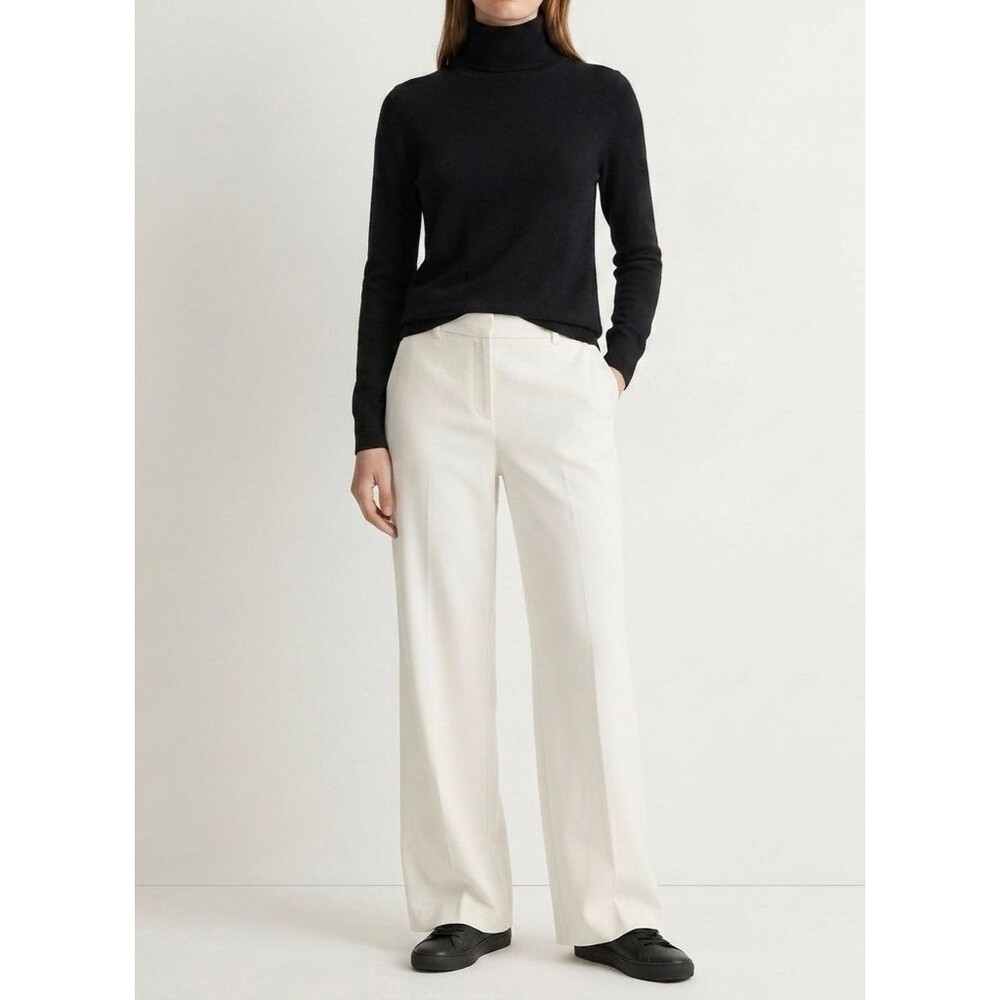 Wide Leg Trousers Ivory Flat Front Size 10 Minimalist Workwear Pockets Slacks